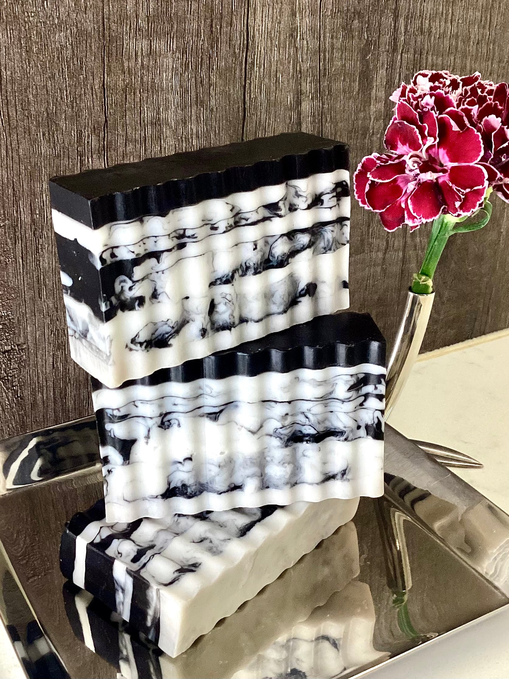 Abela Artisan “CHARCOAL CLAY MARBLE”- Detoxing Exfoliating -Amber Aroma Face -Body Soap Bar 5 Oz.- 141g.